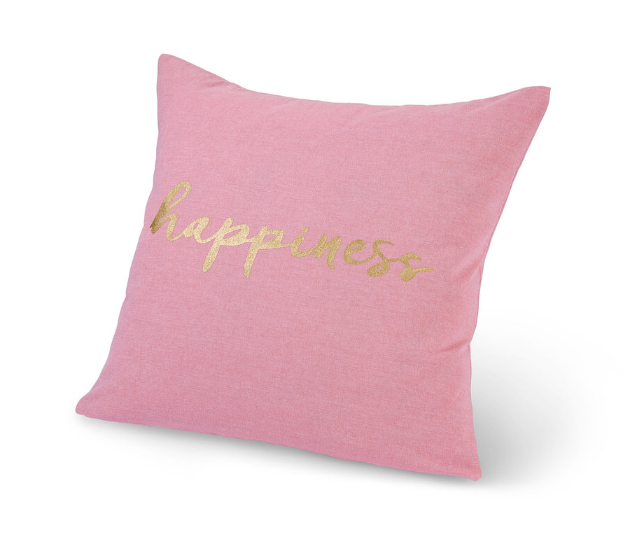 Rosa Dekokissen-Bezug mit goldenem "happiness"-Schriftzug.