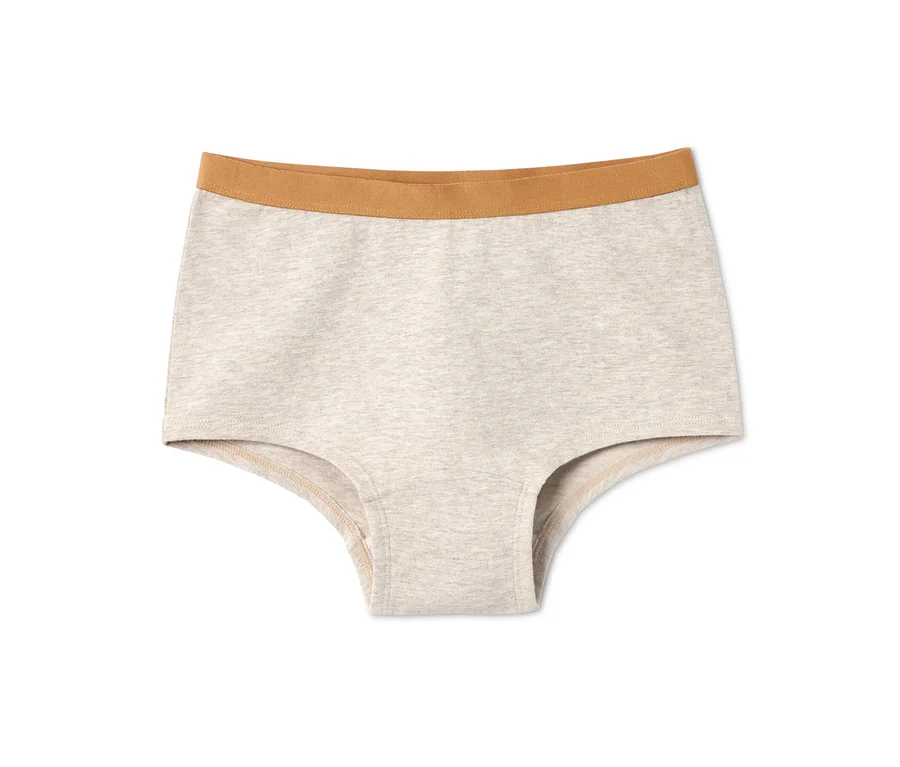Ein einzelner, hellgrauer Kinder-Panty mit braunem Gummibund. 3 Kinder-Pantys.