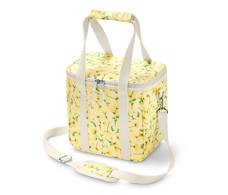 Gelbe Kühltasche mit Blumenmuster und weißen Trägern.