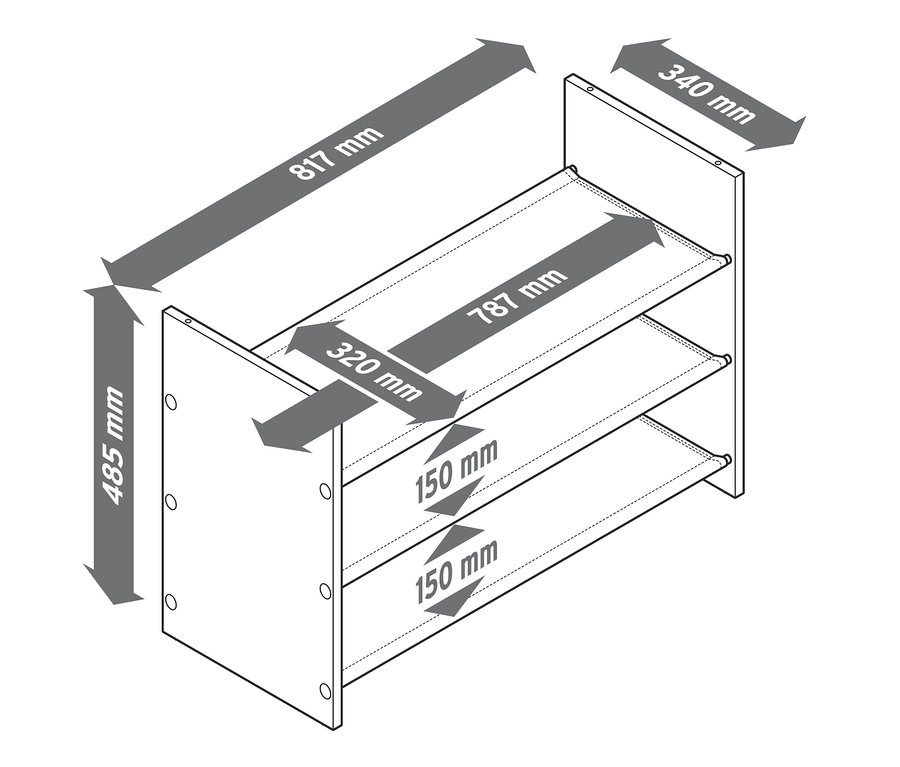 Abmessungen des schwarzen Schuhregals: 485 mm Höhe, 817 mm Breite, 340 mm Tiefe.
