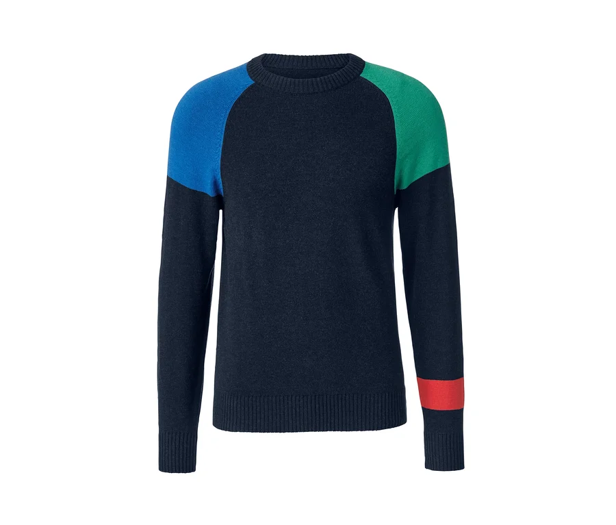 Dunkelblauer Pullover mit Rundhals-Ausschnitt, blauen und grünen Ärmeln und rotem Streifen.