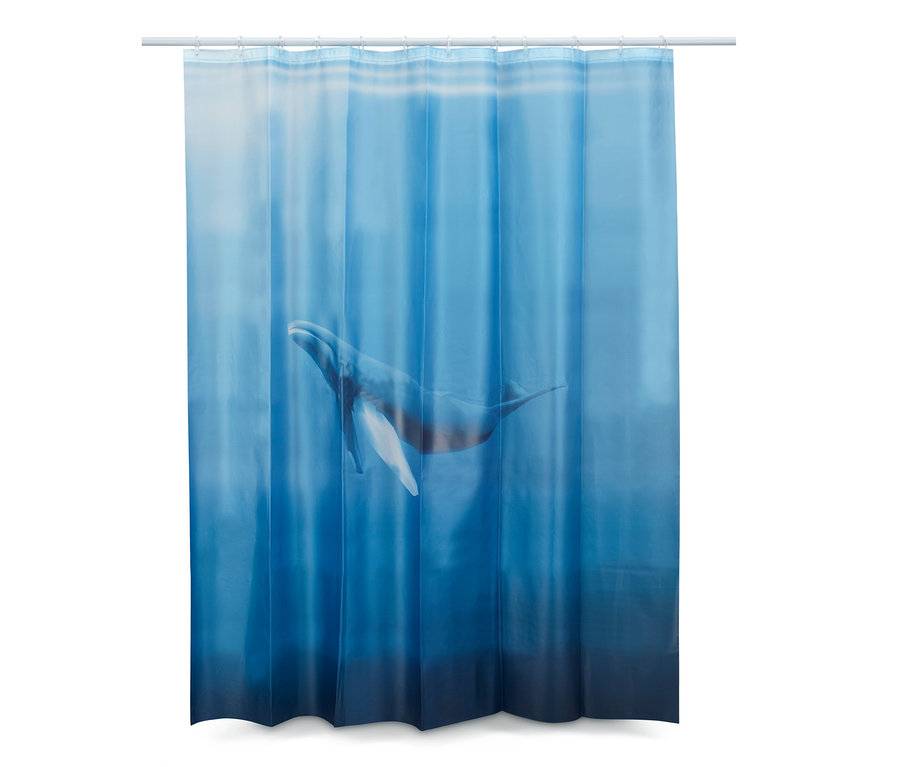 Blauer hochwertiger Duschvorhang mit Wal-Motiv.
