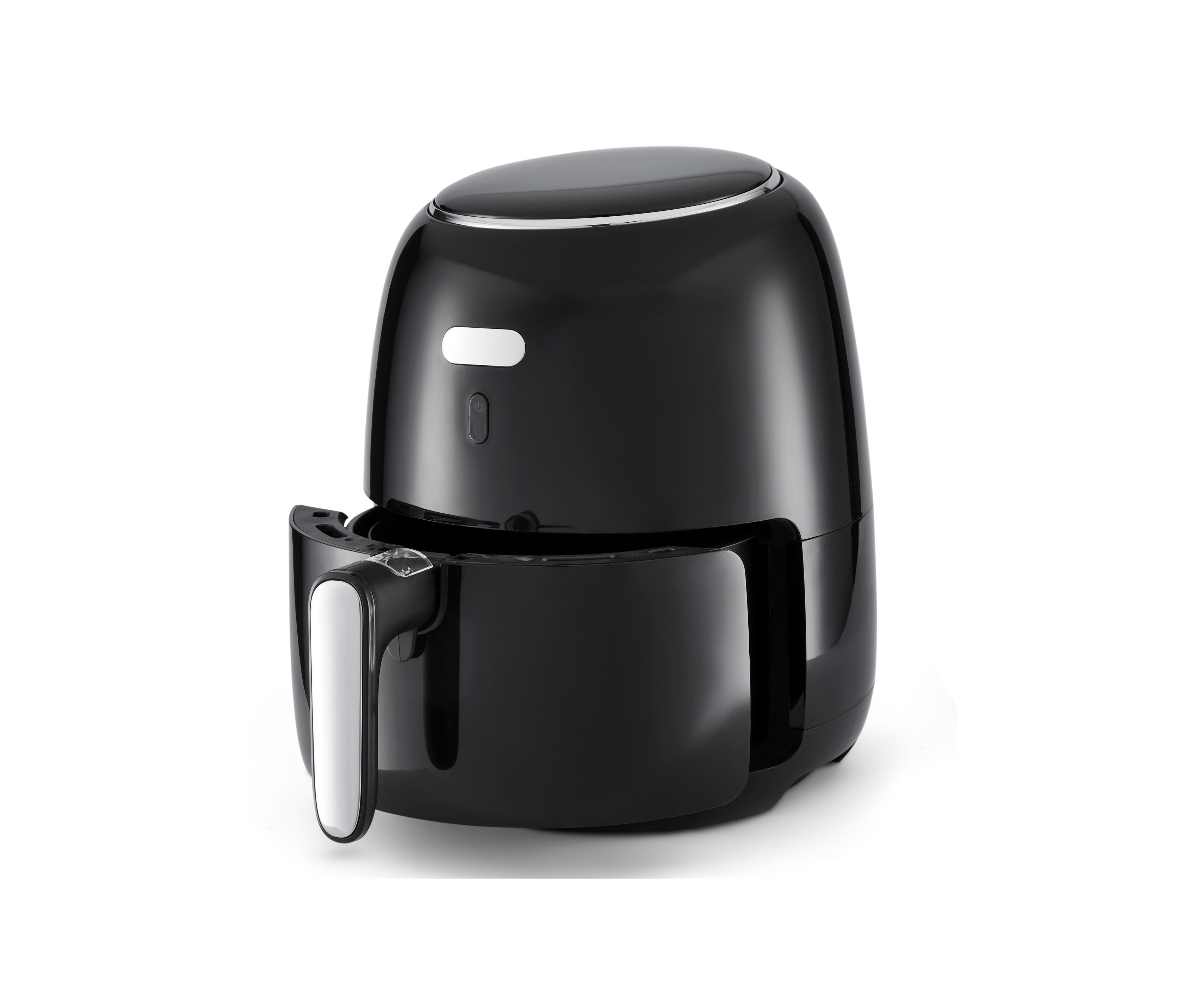 Eine schwarze digitale Heißluft-Fritteuse mit herausgezogenem Korb.