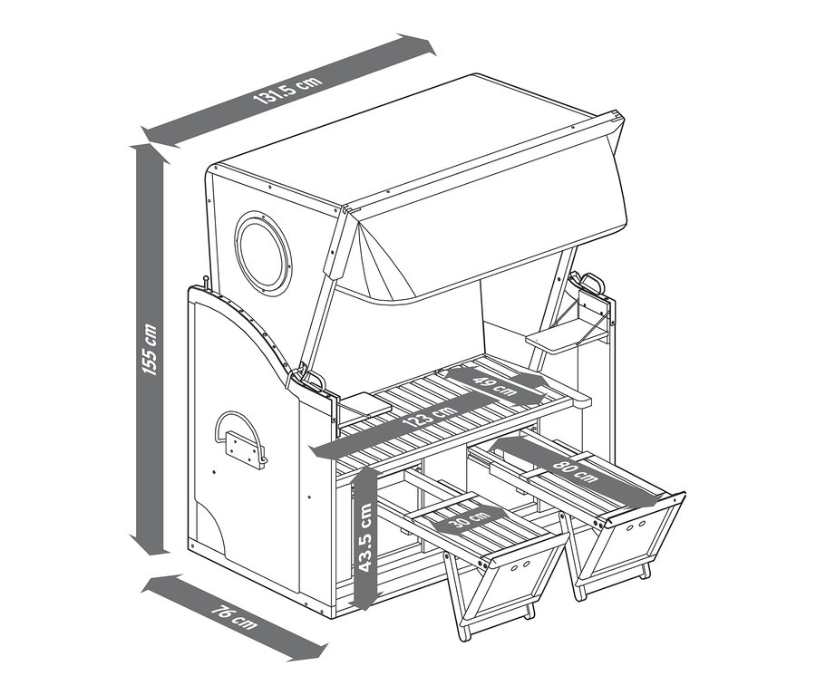 Abmessungen des Premium-Strandkorbs XL mit 2 Ausklapptischen.