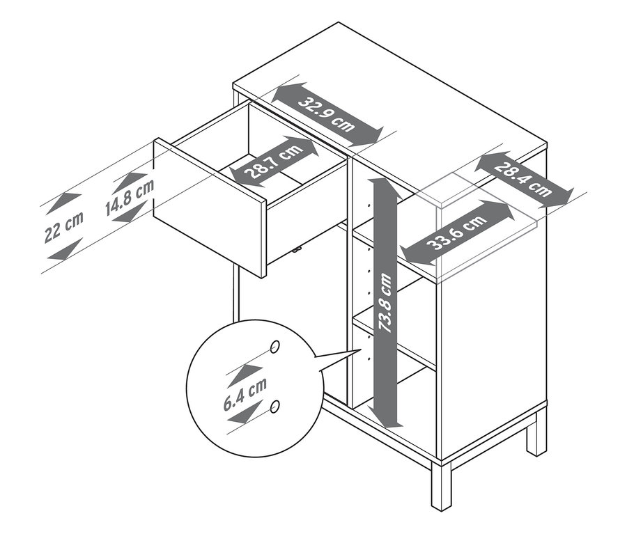 Abbildung eines Bad-Sideboards mit Maßangaben.