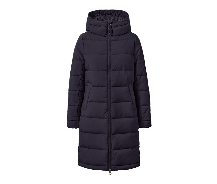 Blauer Steppmantel mit Kapuze und Reißverschluss.