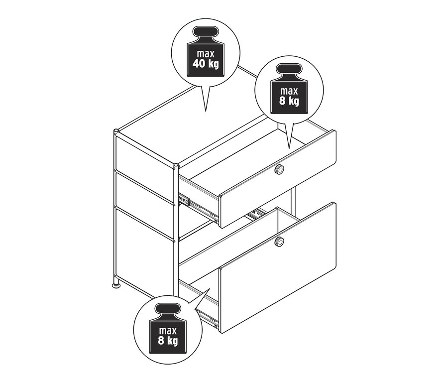Zeichnung einer Kommode Metall »CN3« mit 3 Schubladen, mit einer maximalen Belastbarkeit von 40 kg auf der Oberseite und 8 kg pro Schublade.