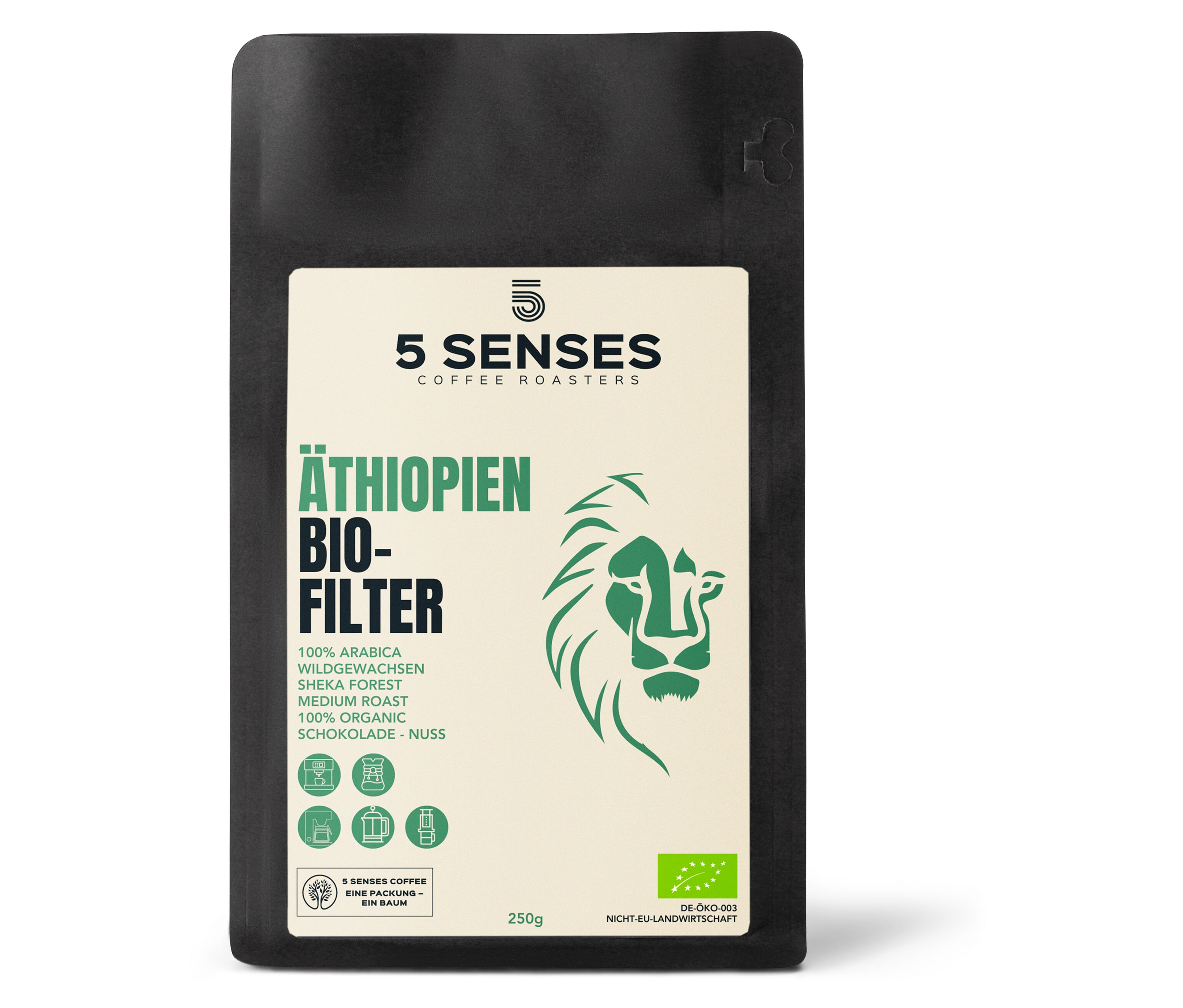 Verpackung von 5 Senses - Bio Äthopien Filterkaffee - 250 g Ganze Bohne.