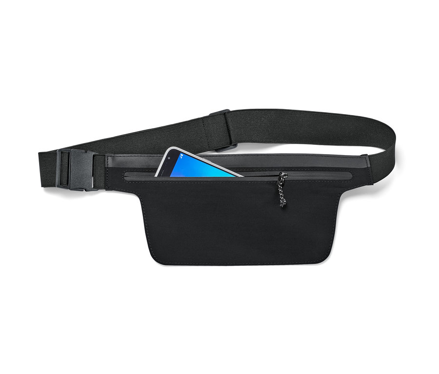 Schwarzer Laufgürtel für Smartphones mit elastischem Band und einem Telefon in der Tasche.