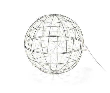 Kleine LED-Kugel mit Drahtrahmen und Lichtern.