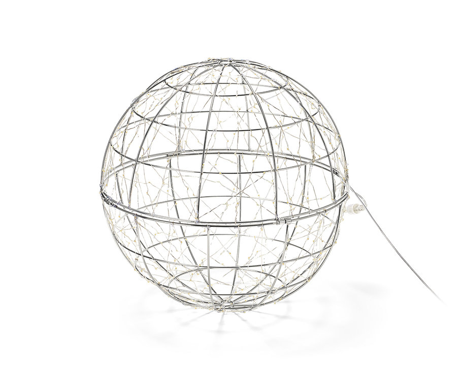 Kleine LED-Kugel mit Drahtrahmen und Lichtern.