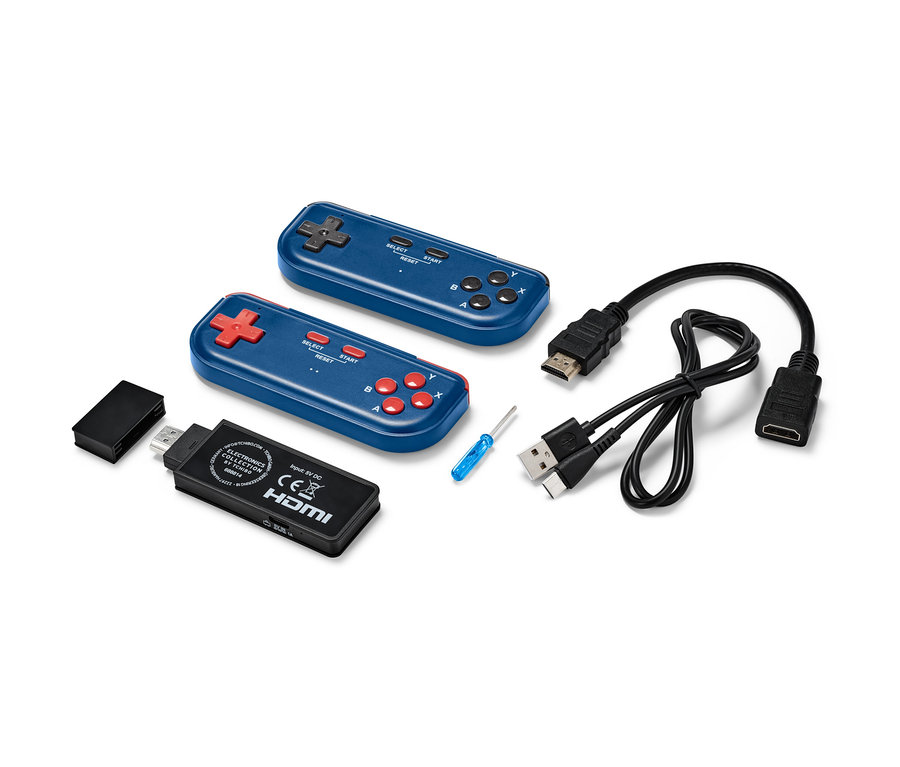 Zwei blaue Retro-TV-Spielekonsolen-Controller, HDMI-Kabel, USB-Kabel und eine schwarze Hardwarekonsole.