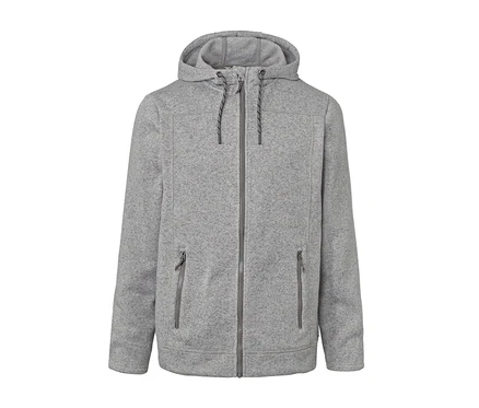 Graue Strickfleece-Jacke mit Kapuze und Reißverschluss.