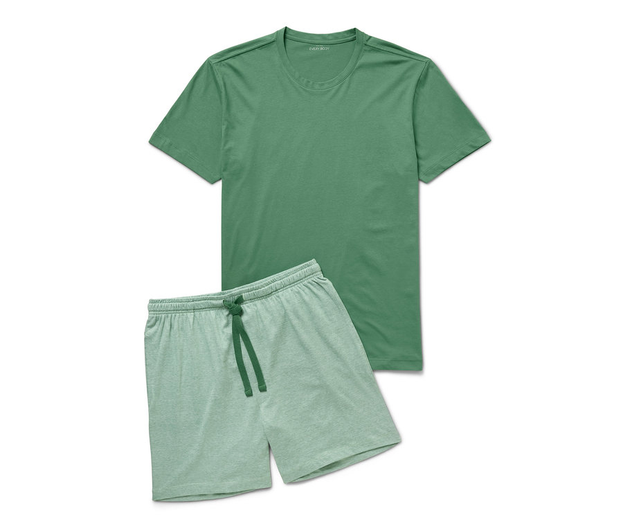 Ein grünes Shorty-Pyjama-Set bestehend aus einem T-Shirt und Shorts mit grünem Kordelzug.