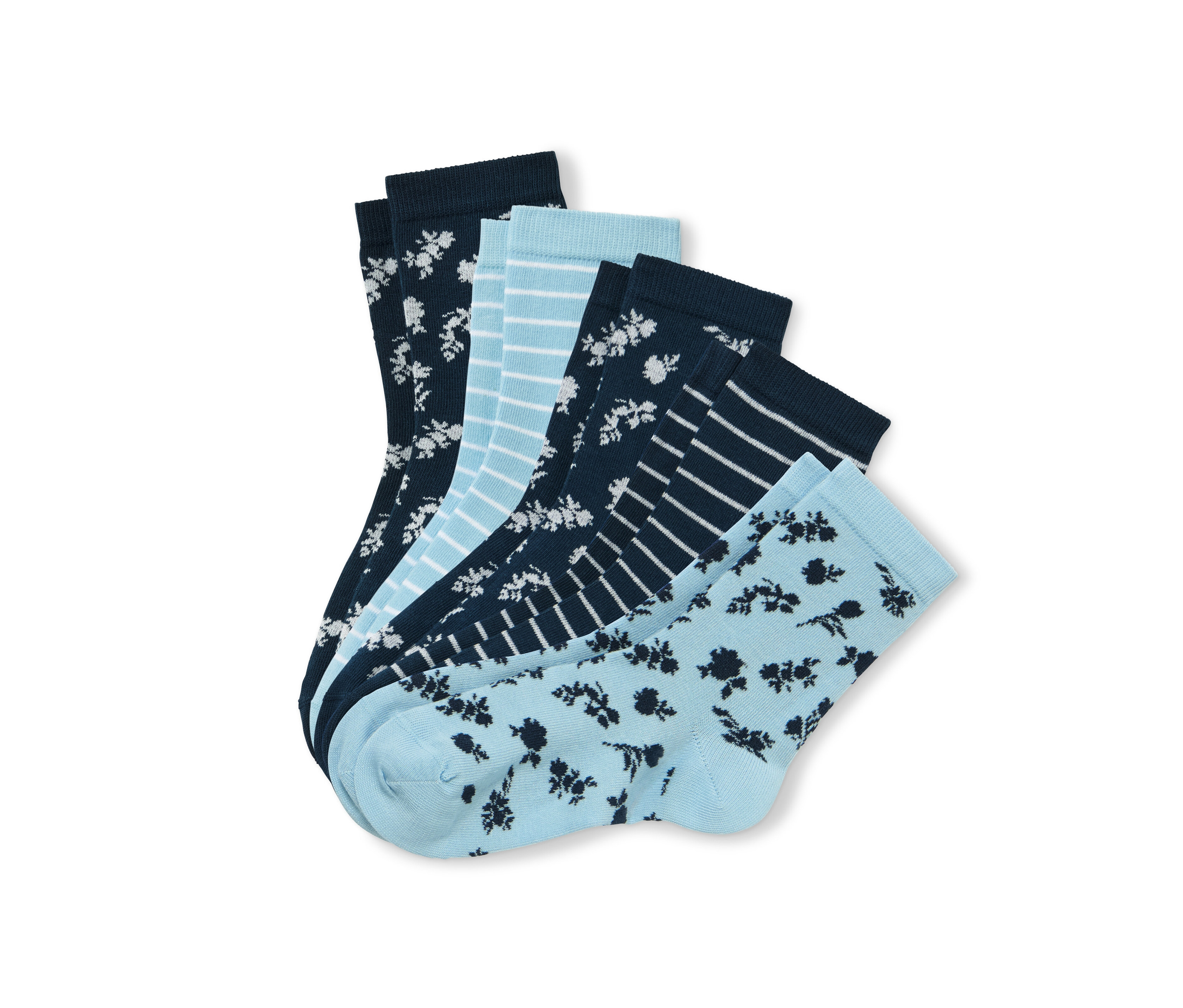 Fünf Paar geblümte Kinder-Socken in Blau und Dunkelblau.