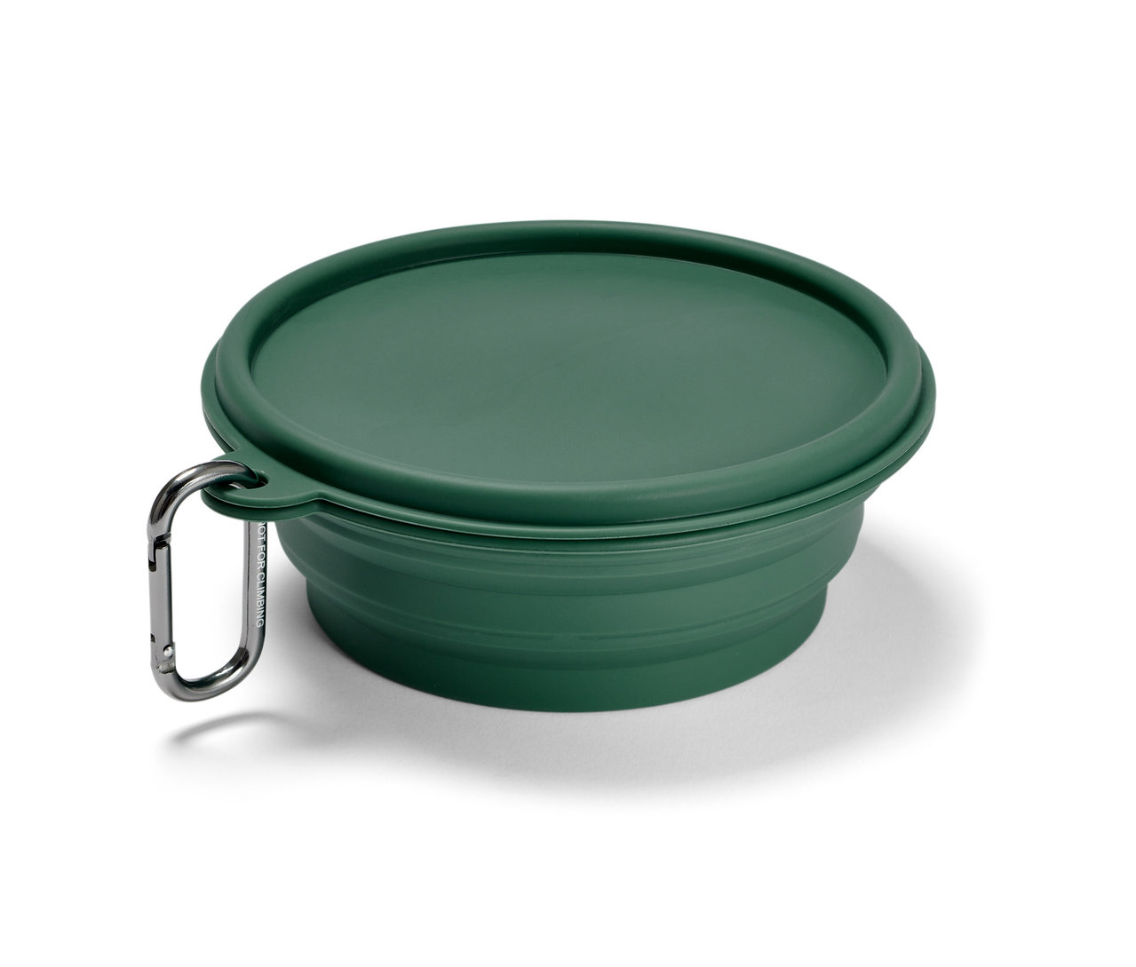 Geschlossener grüner Faltbarer Fressnapf mit Karabiner.