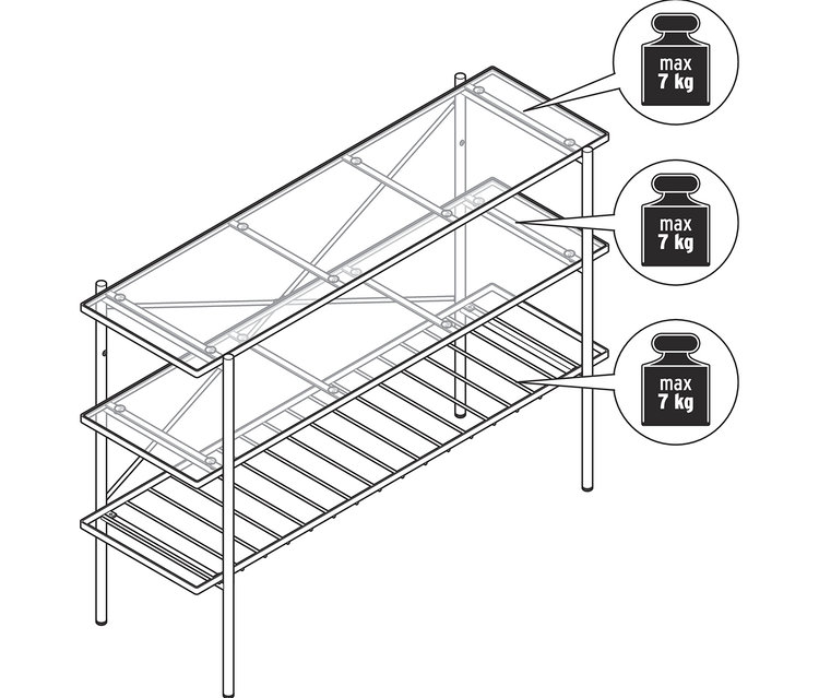 Skizze einer Konsole, Breite ca. 120 cm, mit drei Ablagen.