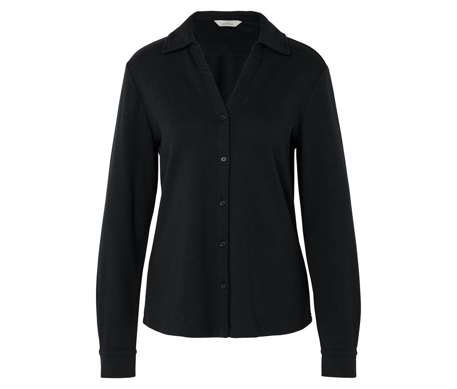 Schwarzes Langarmhemd mit Knöpfen.