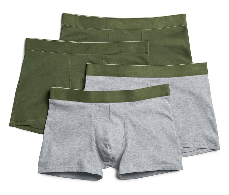 Vier Herren-Boxershorts: zwei olivgrüne und zwei graue mit olivgrünem Bund.
