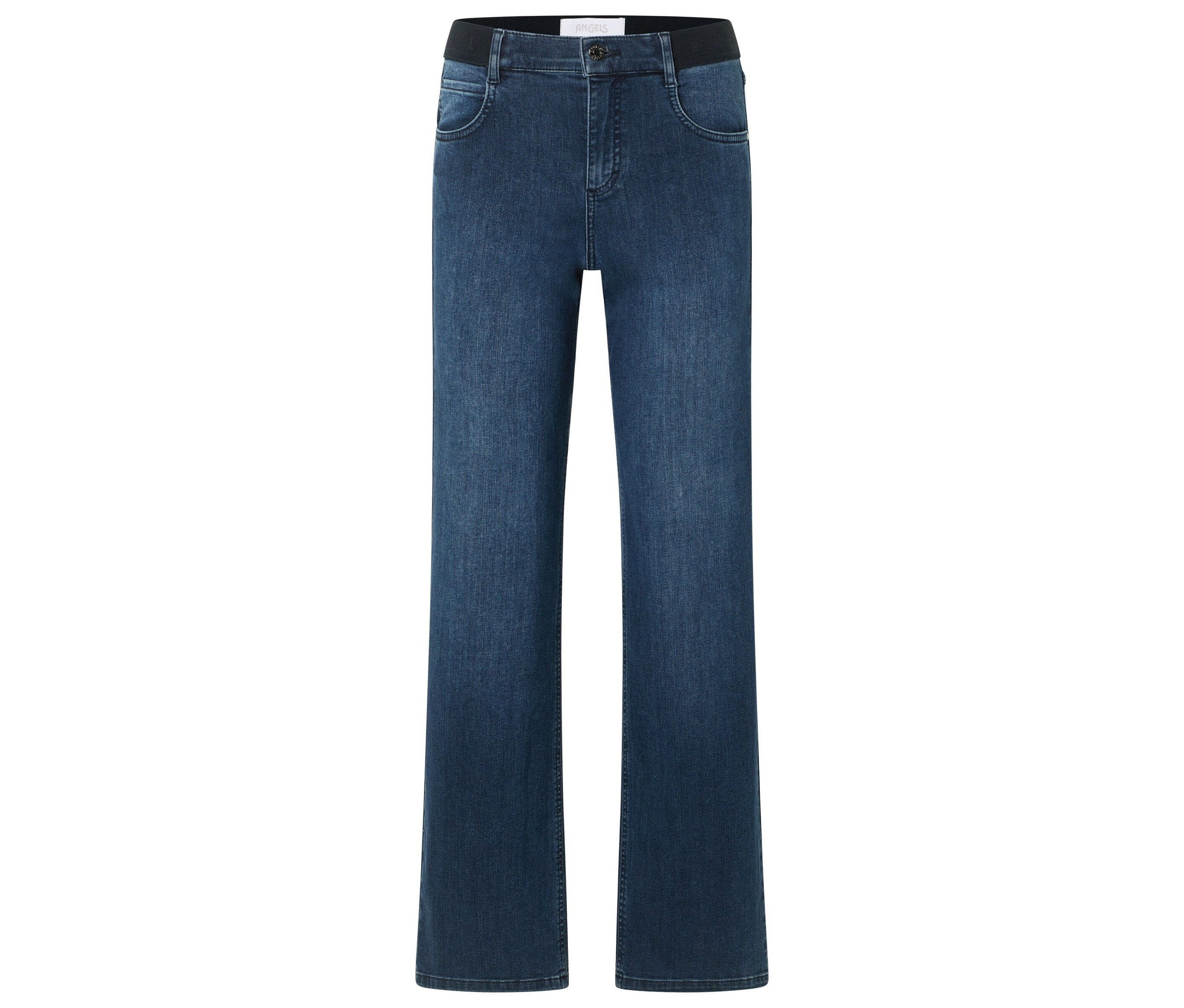 Blaue Jeans mit hohem Bund und weitem Bein.