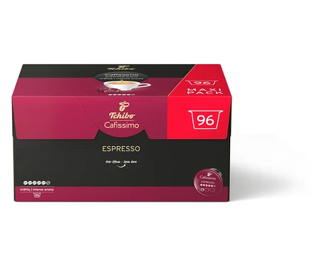 Eine Packung Tchibo Cafissimo Espresso Kapseln mit der Aufschrift "96 Maxi Pack".