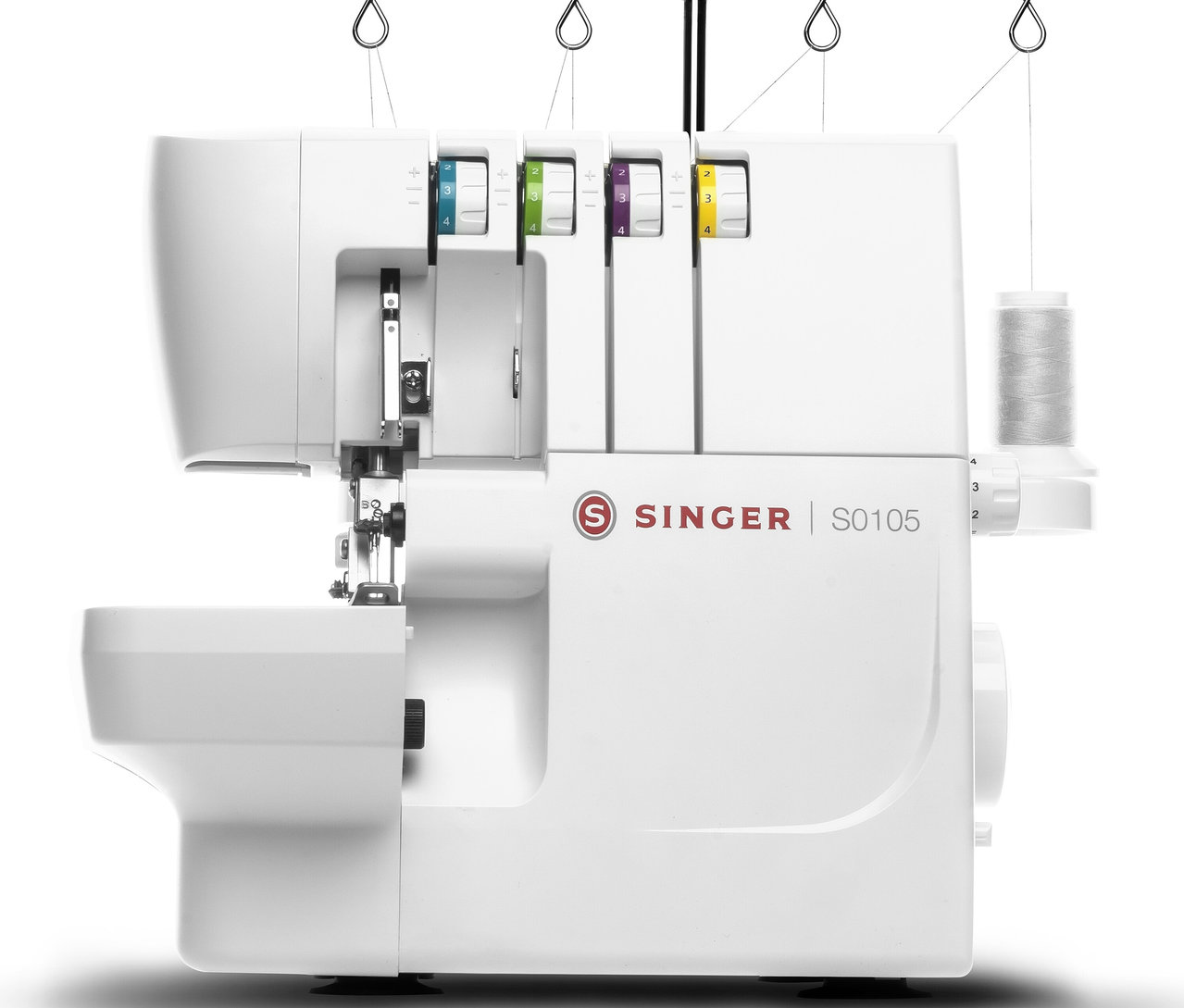 Detailaufnahme der weißen Singer Overlock-Nähmaschine »S0105«.