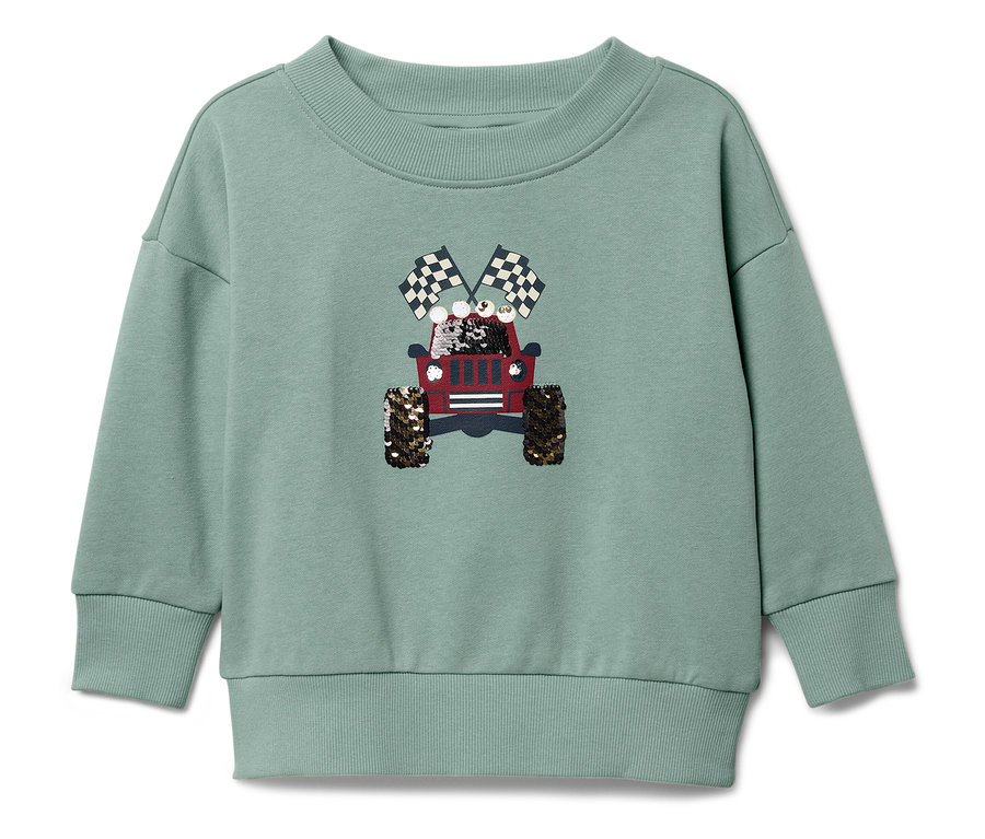 Hellgrüner Pullover mit einem roten Jeep und Zielflaggen.