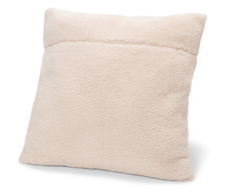 Ein cremefarbenes Dekokissen mit Textur.