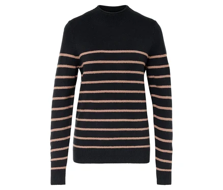 Ein marineblauer Rollkragenpullover mit horizontalen hellbraunen Streifen.