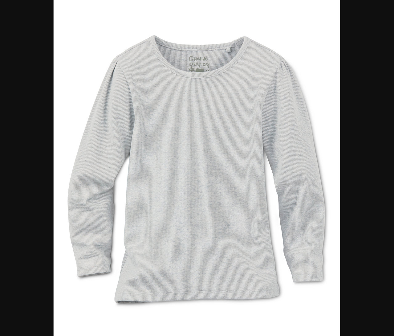 Graues Rippenshirt mit langen Ärmeln.