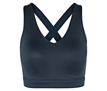 Marineblauer Sport-BH mit überkreuzten Trägern am Rücken.
