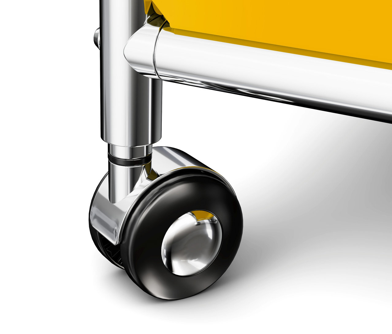 Detailaufnahme des Rades eines gelben Rollcontainers Metall »CN3« mit 3 Schubladen.