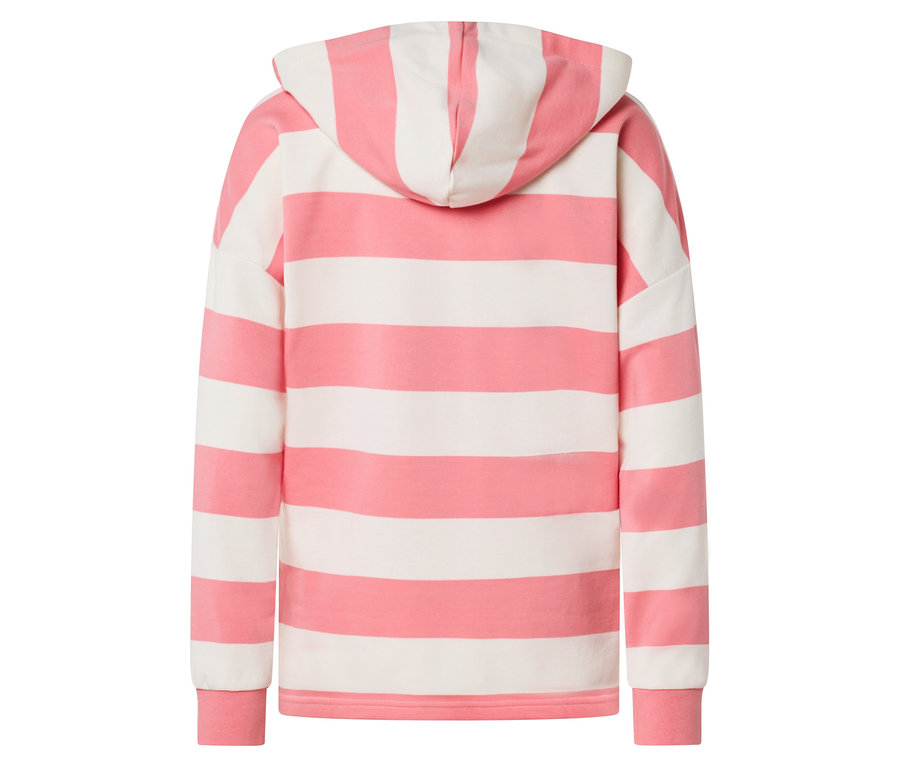 Rückansicht eines gestreiften, rosafarben-weißen Kapuzenpullovers.