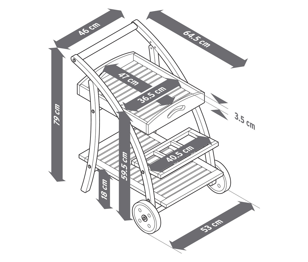 Abbildung eines Barwagens mit abnehmbarem Tablett und Größenangaben.