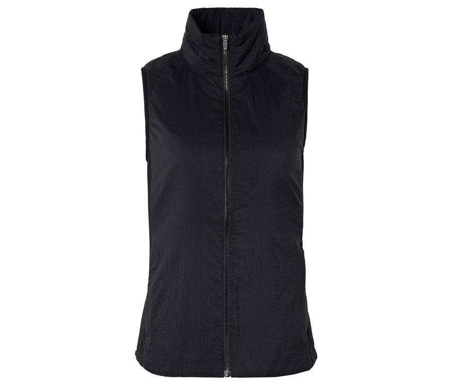Schwarze ärmellose Steppweste mit durchgehendem Reißverschluss.