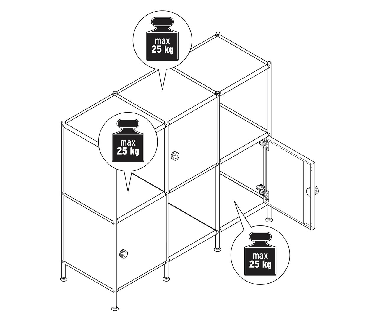 Draufsicht auf ein modulares Regalsystem mit teilweise geöffneten Türen und Hinweisen zum maximalen Gewicht von 25 kg.