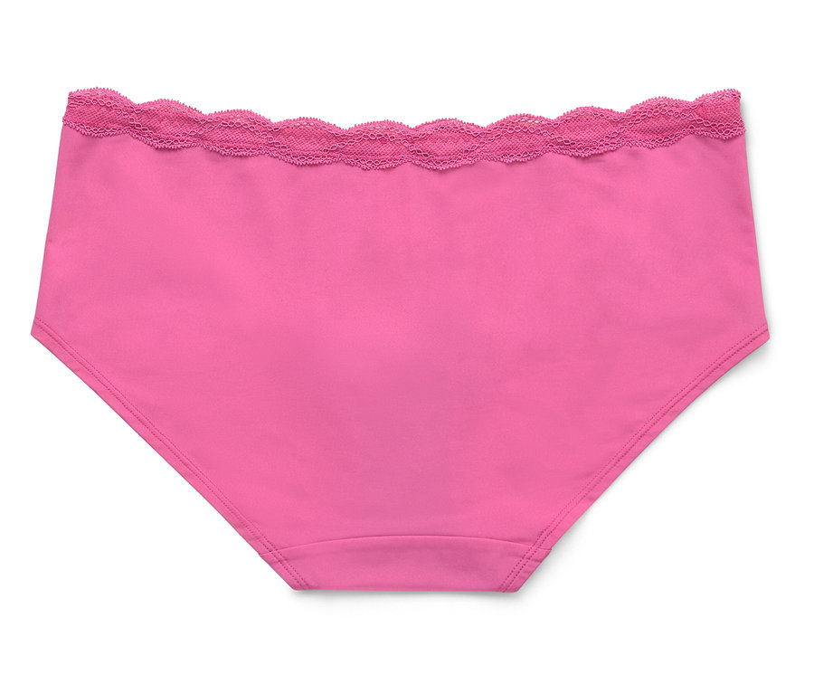Nahaufnahme eines einzelnen, pinkfarbenen Slips mit Spitzenrand.