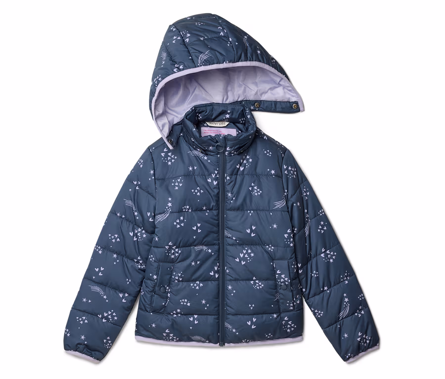 Marineblaue, gesteppte Jacke mit Kapuze und lila Futter, verziert mit Sternschnuppen und Sternen.