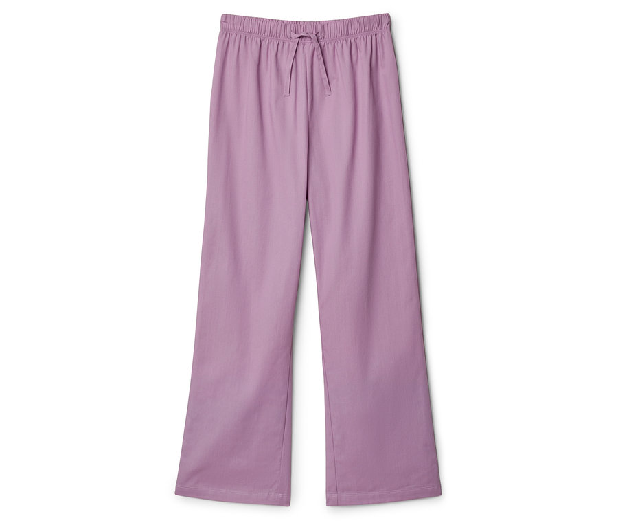 Lila, lange Stoffhose mit Kordelzug auf weißem Hintergrund.