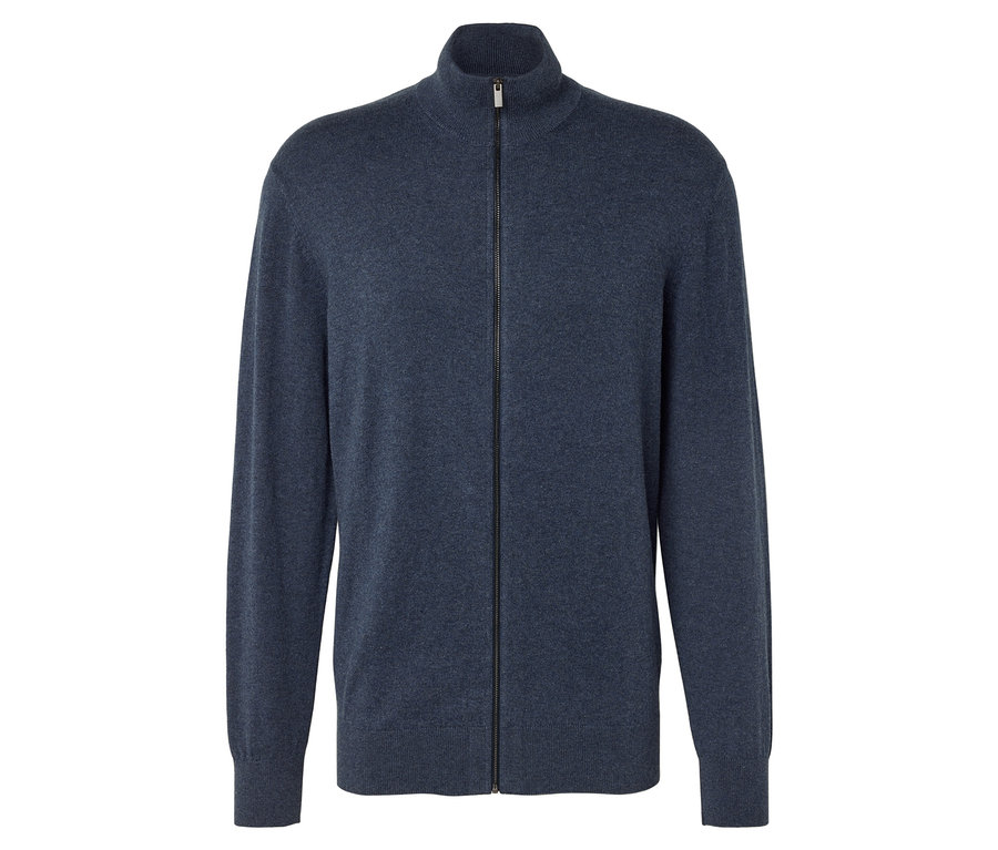 Blauer Strickcardigan mit Reißverschluss.