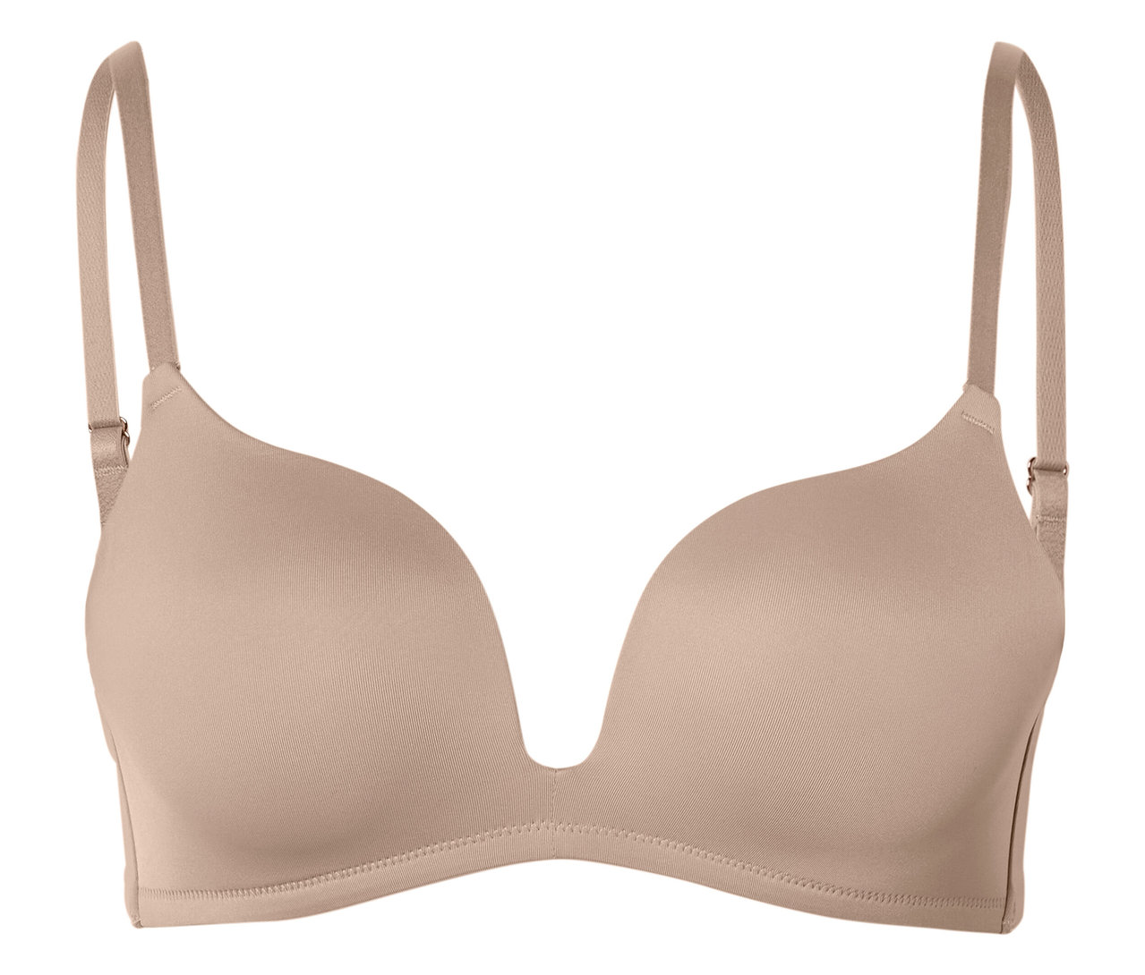 Beiger Push-up-BH mit tiefem V-Ausschnitt und verstellbaren Trägern.