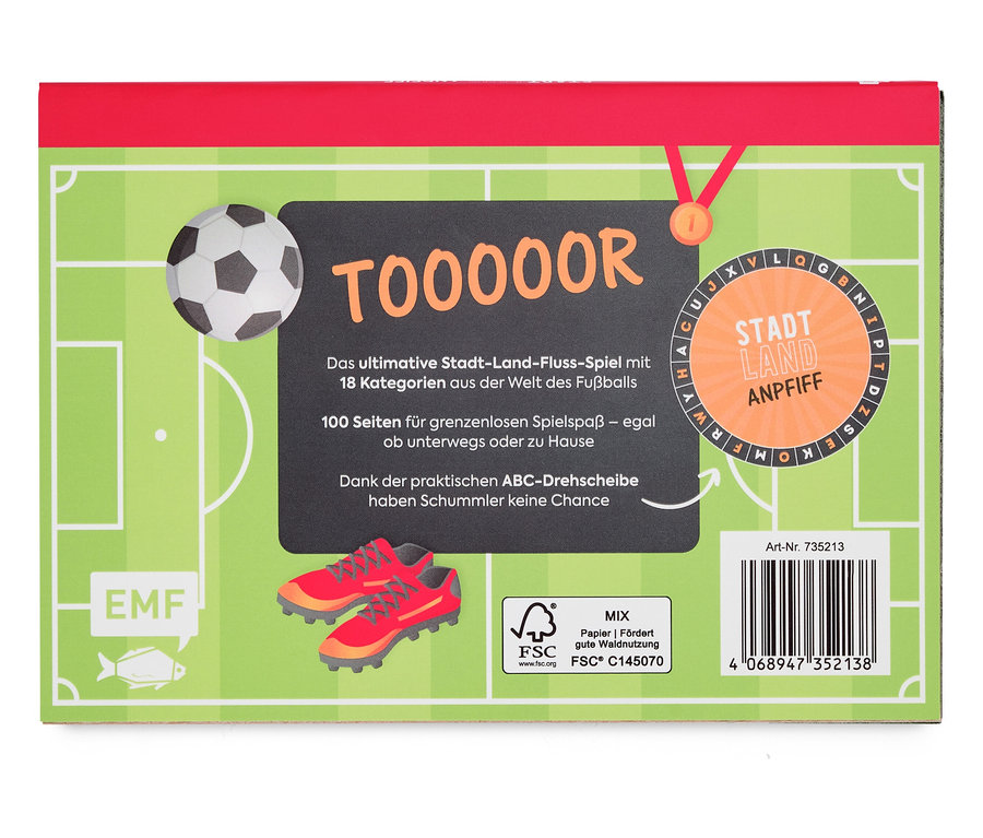 Spielbox mit Fußballbezug, einschließlich Ball, Schuhen und Drehteller.
