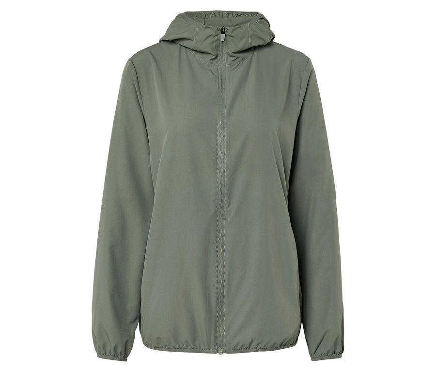 Olivgrüne Regenjacke mit Kapuze und durchgehendem Reißverschluss.