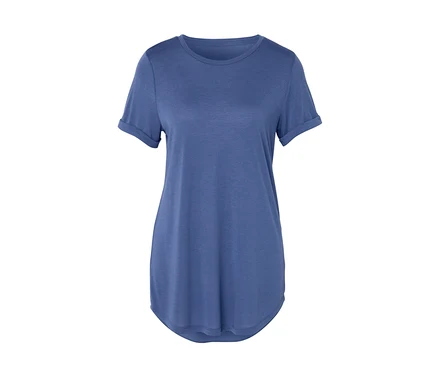 Blaues T-Shirt mit kurzen Ärmeln und Rundhalsausschnitt.