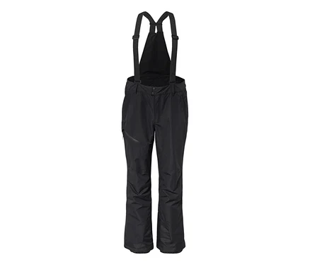 Schwarze Skihose mit Trägern und Reißverschlusstasche am linken Oberschenkel.