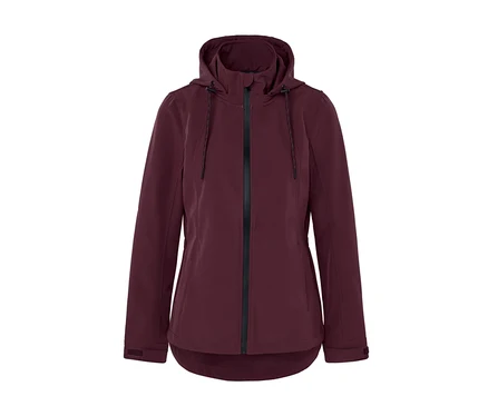 Weinrote Jacke mit Kapuze und schwarzem Reißverschluss in der Mitte.