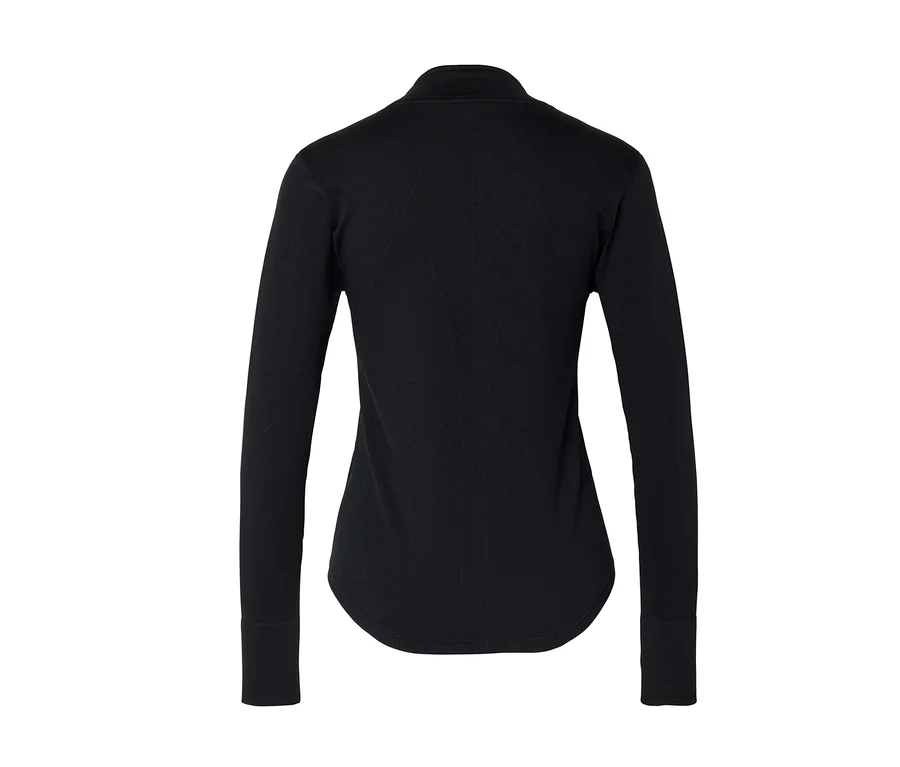 Schwarzes Langarmshirt von hinten gesehen, mit Stehkragen, langen Ärmeln und abgerundetem Saum. Dezente diagonale Muster sind auf dem Rücken sichtbar.