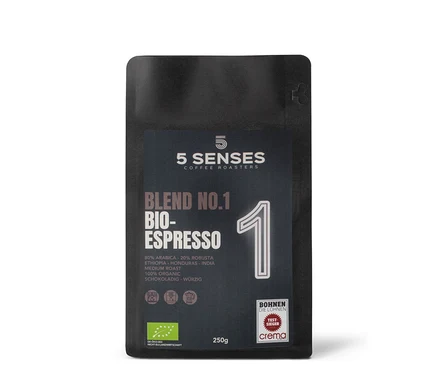 Eine 250-g-Packung 5 Senses - Blend No.1 Bio-Espresso - Ganze Bohne.