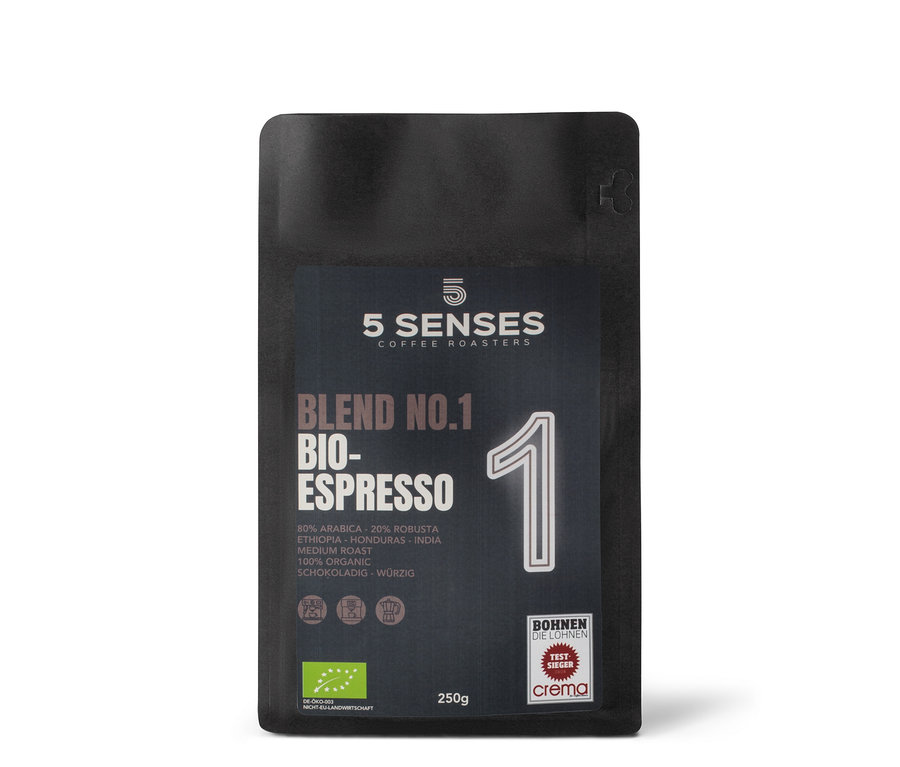 Eine 250-g-Packung 5 Senses - Blend No.1 Bio-Espresso - Ganze Bohne.
