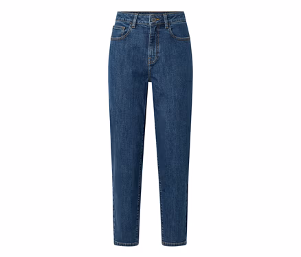 Dunkelblaue Mom Jeans im Fit „Nyla“ mit hoher Taille, Vordertaschen, Knopf- und Reißverschluss.